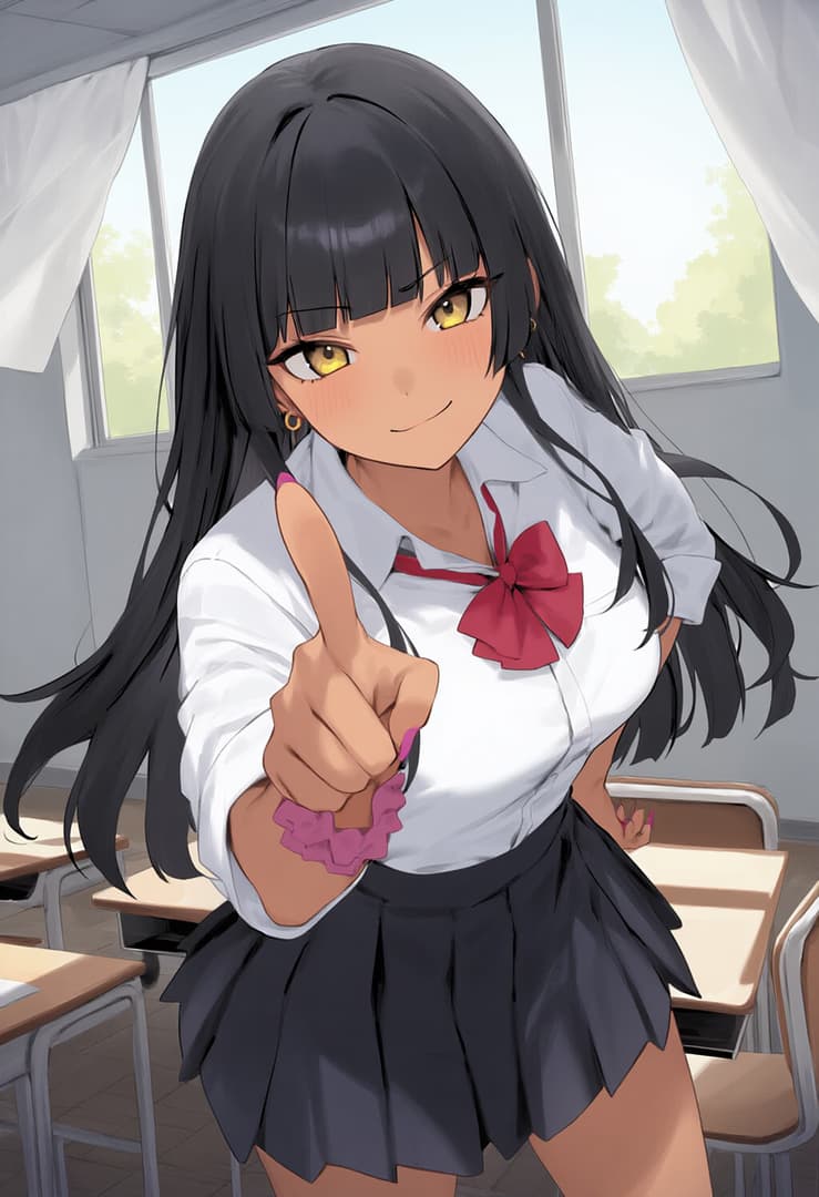 Immagine del personaggio - in classroom, smiling confidently, pointing finger at viewer, wearing white shirt and black skirt, h