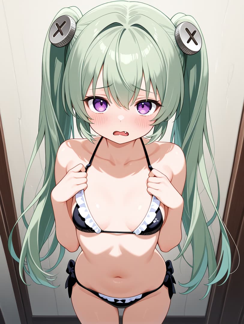Immagine del personaggio - shy expression, standing in doorway, wearing black and white frilly bikini, hands holding bra straps