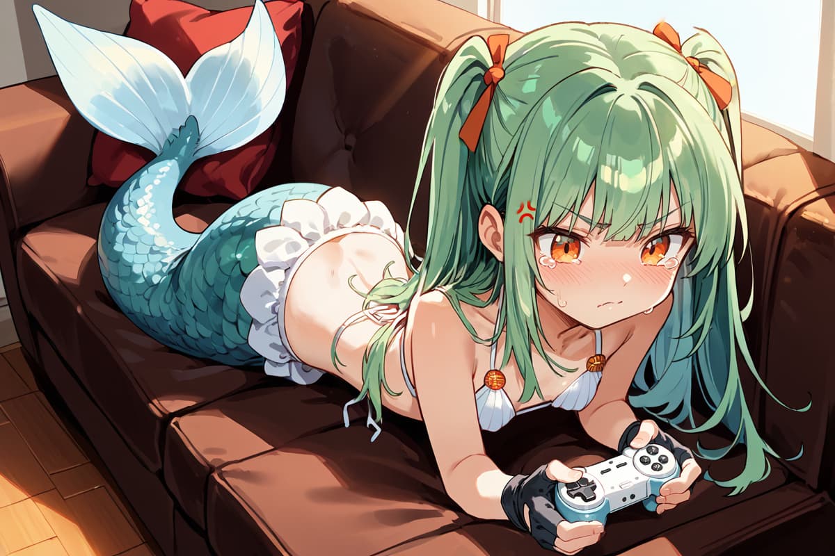 캐릭터 이미지 - mermaid girl lying on brown couch, green hair in pigtails with orange bows, blue tail, wearing white