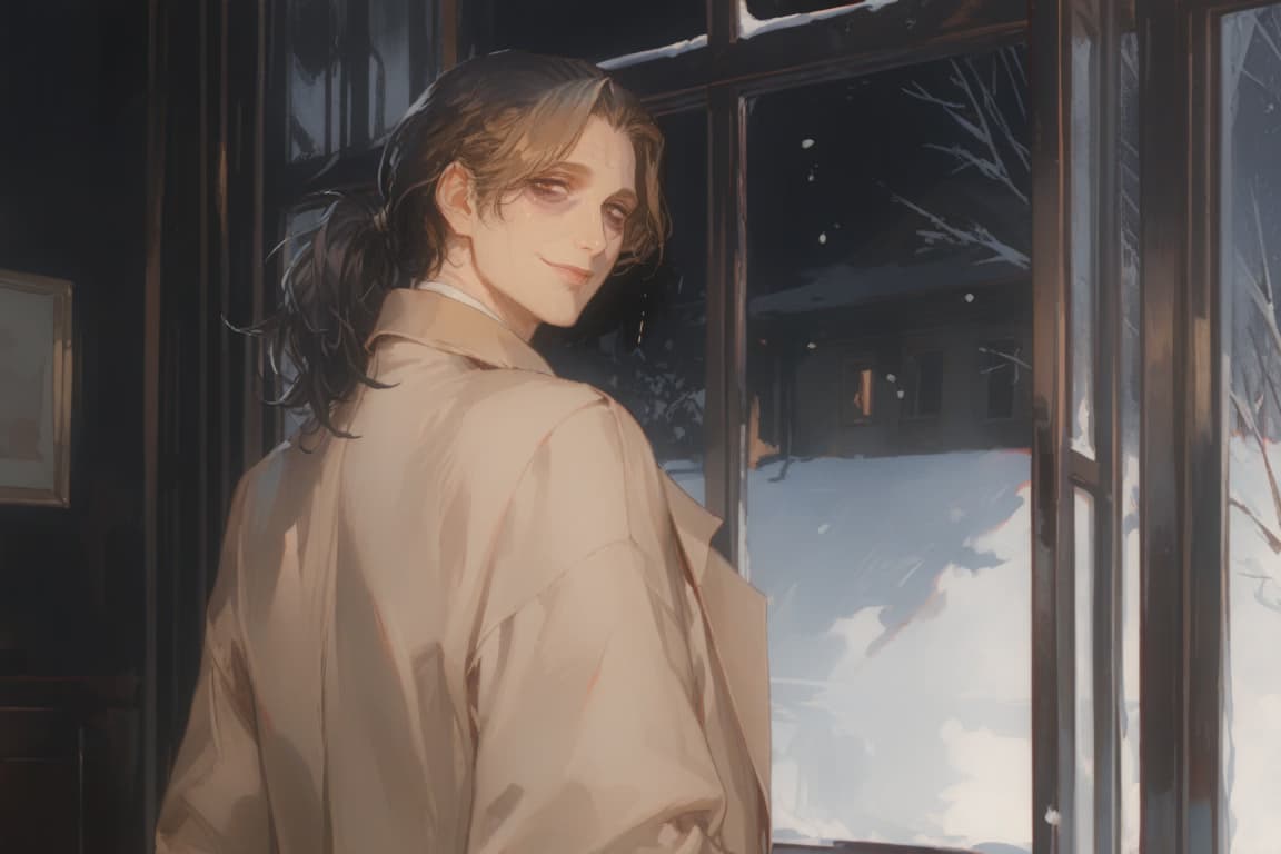 รูปภาพตัวละคร - standing by window, looking back over shoulder with soft smile, wearing beige trench coat, snowy win
