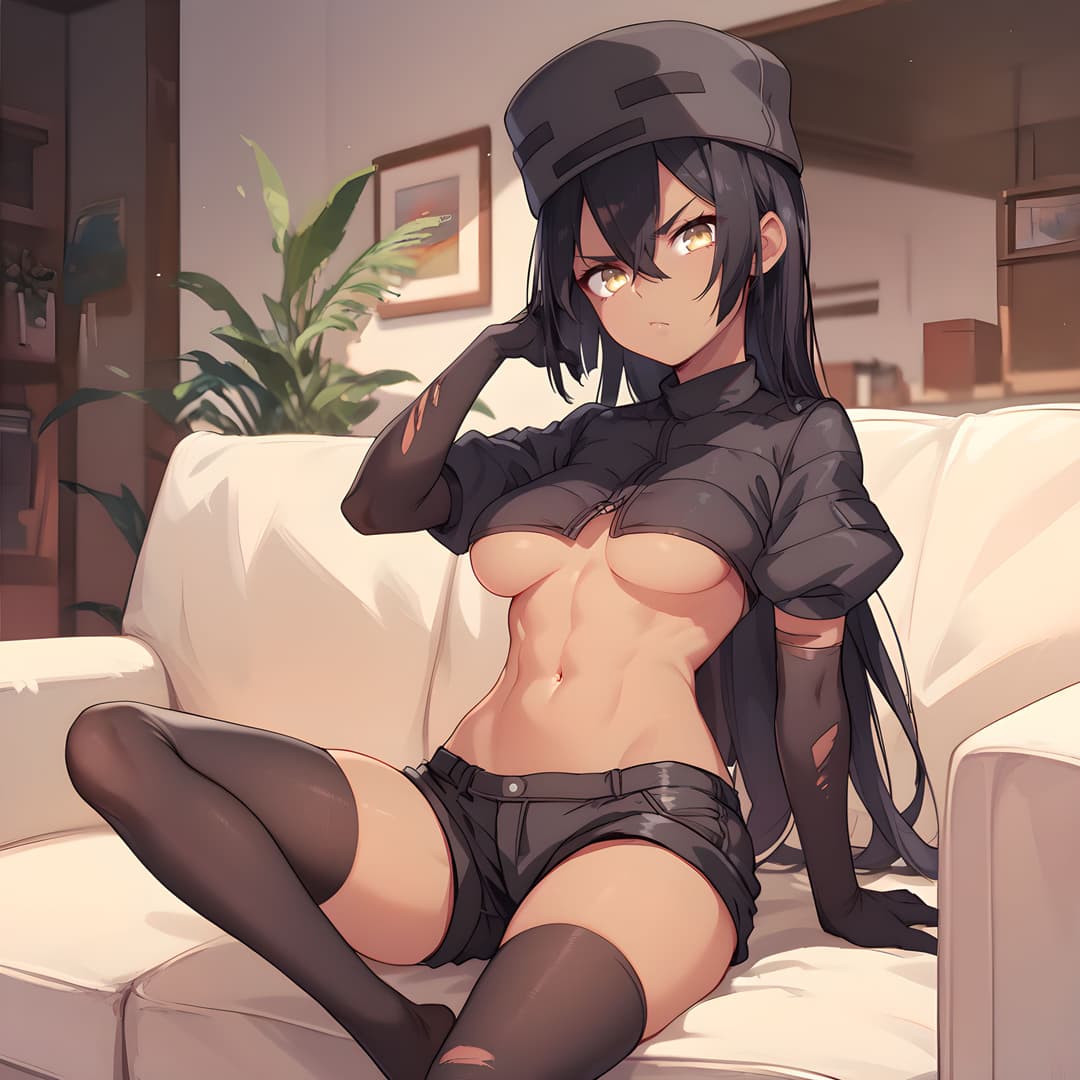 Karakter görseli - Sitting on a couch, topless with black shorts and thigh-high stockings, legs spread, seductive expre