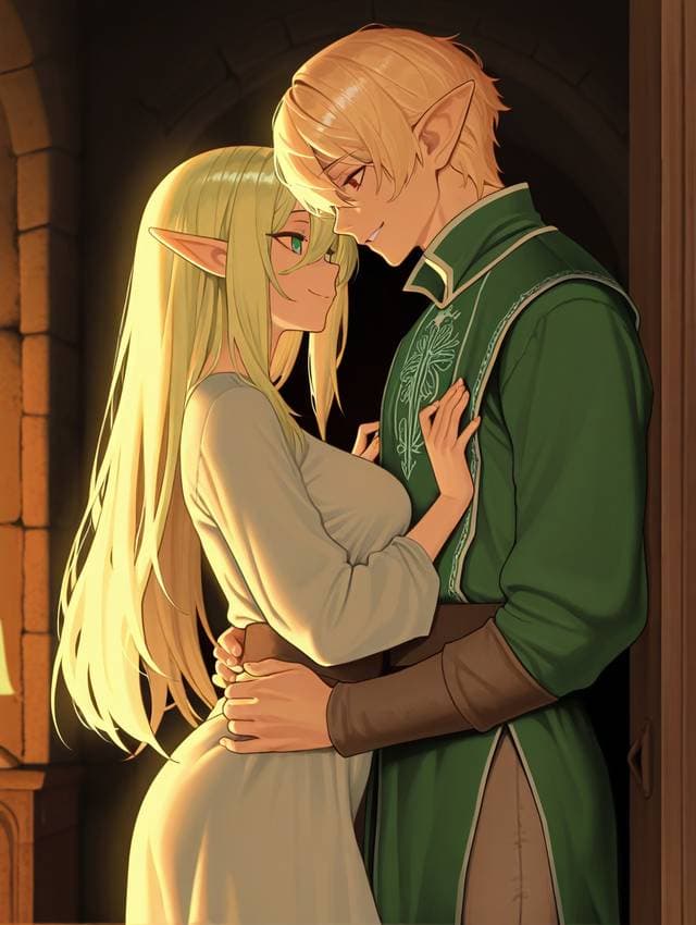 صورة الشخصية - romantic embrace in dimly lit stone hallway, elf couple hugging closely, both fully clothed, male in