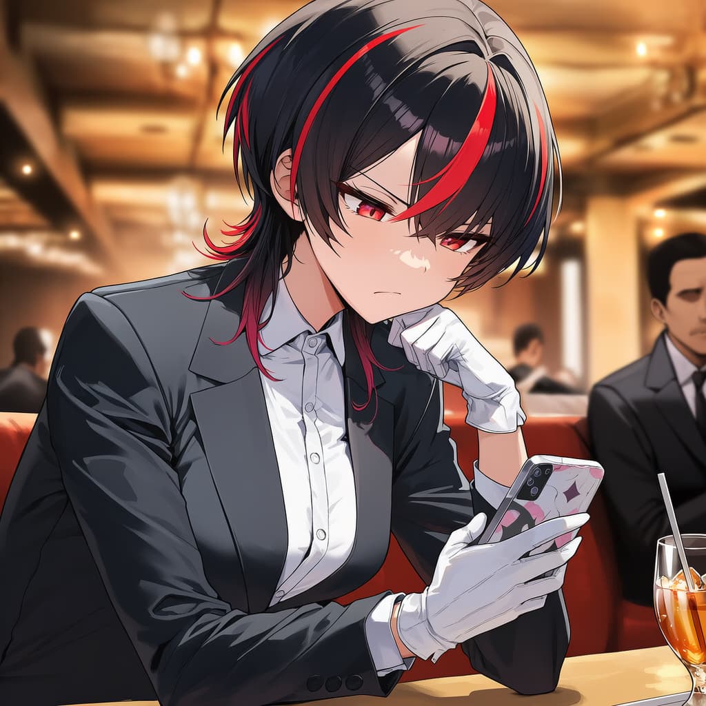 Karakter görseli - sitting in cafe, thoughtful expression, wearing black suit and white gloves, holding phone, red eyes