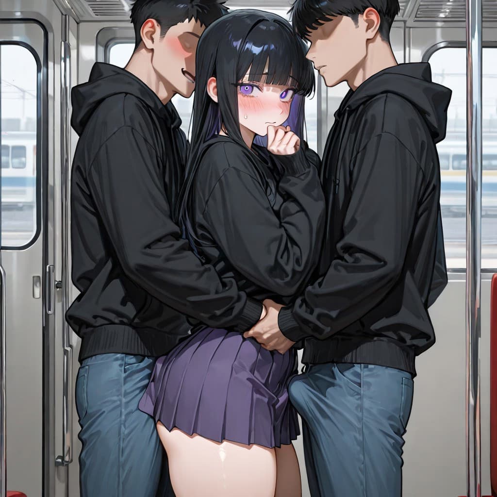 캐릭터 이미지 - shy expression with blush and tears, standing in train between two men, both in black hoodies, hands