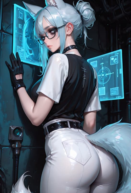 Charakterbild - nude on all fours, tail visible, seductive expression, looking back over shoulder, in a high-tech co