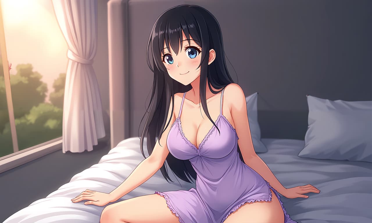 캐릭터 이미지 - sitting on bed, wearing purple lace lingerie, legs slightly spread, smiling seductively, soft mornin