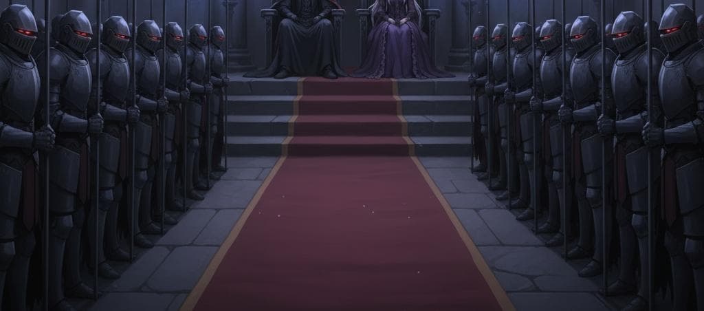 Immagine del personaggio - Sitting on a throne in a dark hall, wearing a long purple gown, with a calm and regal expression. Th