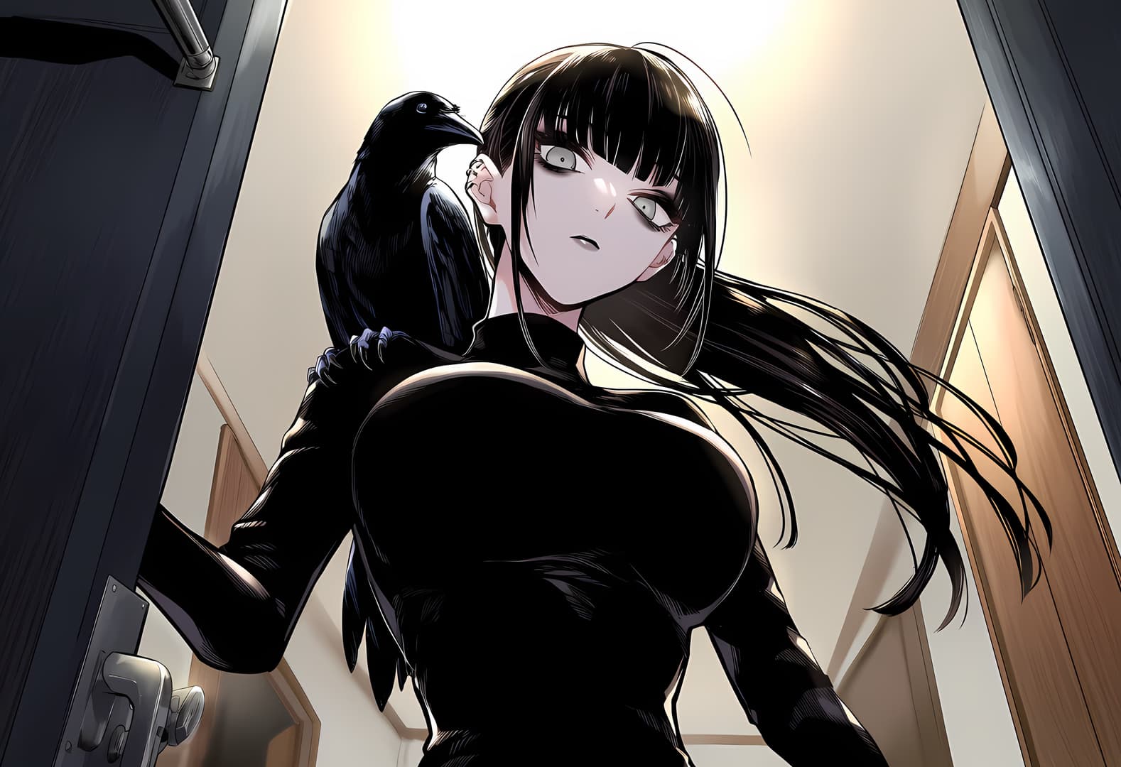 Karakter görseli - seductive expression, standing in doorway, fully clothed in black outfit, crow perched on shoulder,