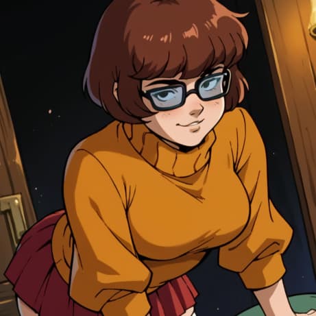 صورة الشخصية - shy smile, sitting in dimly lit room, wearing orange turtleneck and red skirt, glasses, brown hair,