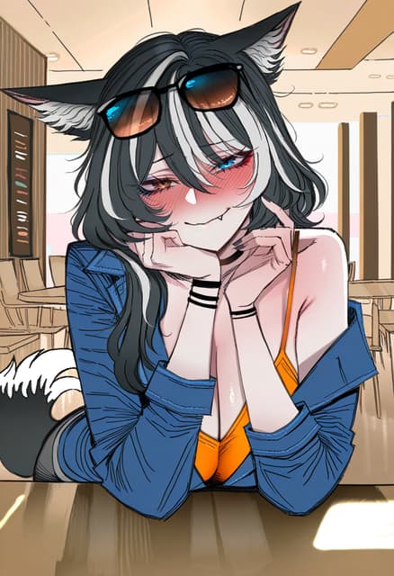 Charakterbild - In a cafe, leaning on table with hands under chin, wearing blue jacket open over orange top, breasts