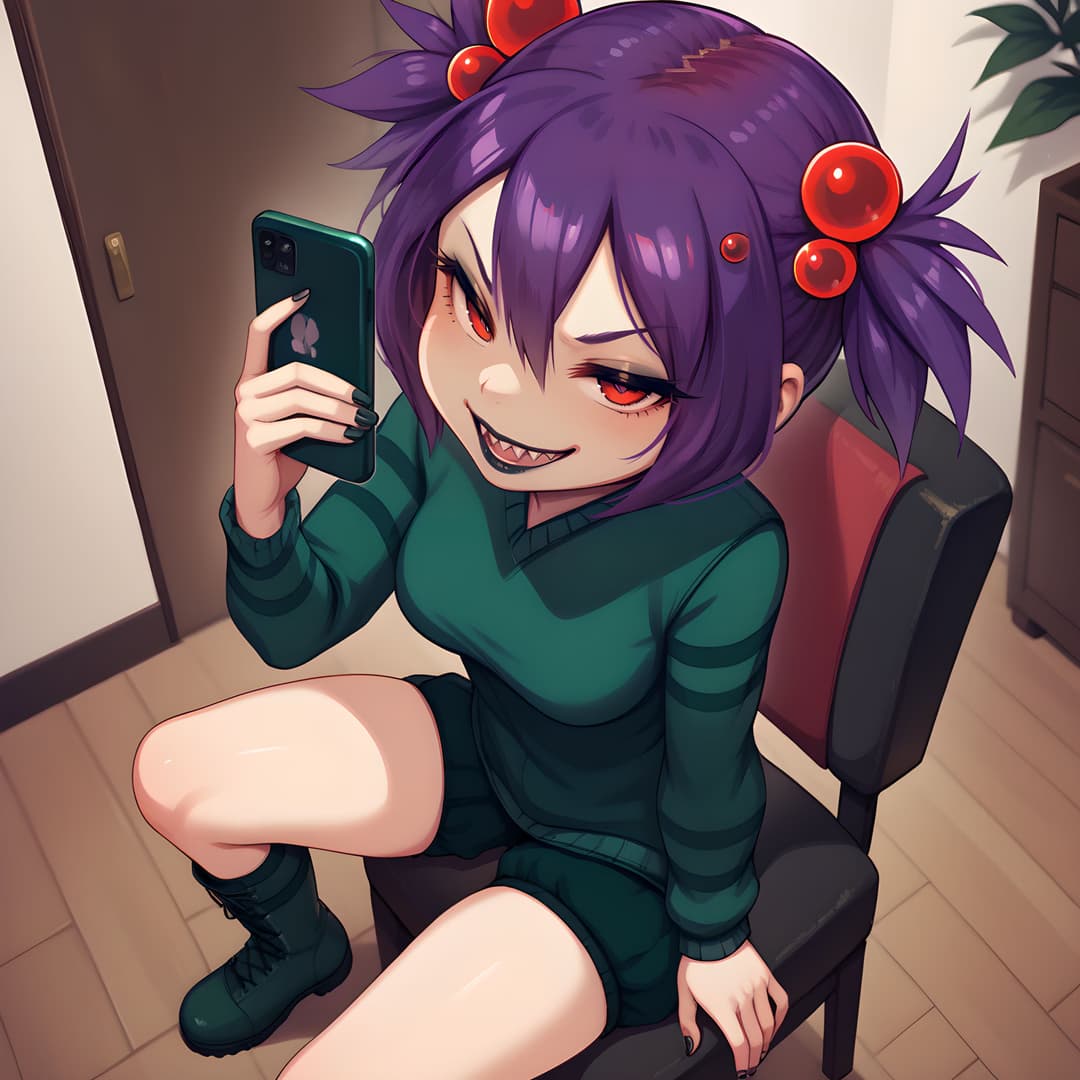 Charakterbild - sitting on chair, legs spread, holding phone, smiling seductively, purple hair with red beads, weari