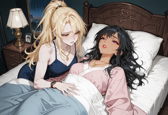 Karakter görseli - In a bedroom, a blonde woman in a blue top leans over a black-haired woman lying in bed, both partia