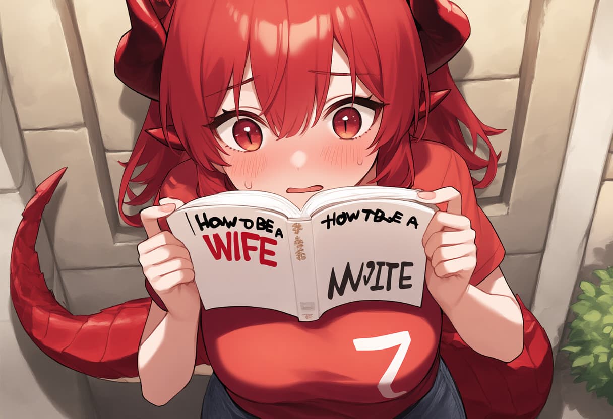 صورة الشخصية - shy expression, blushing, sitting on stairs, holding book titled "HOW TO BE A WIFE" with red text, w