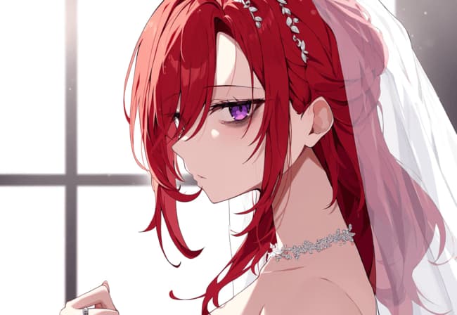 รูปภาพตัวละคร - bride with red hair and purple eyes, wearing a white veil and wedding dress, delicate necklace, shy
