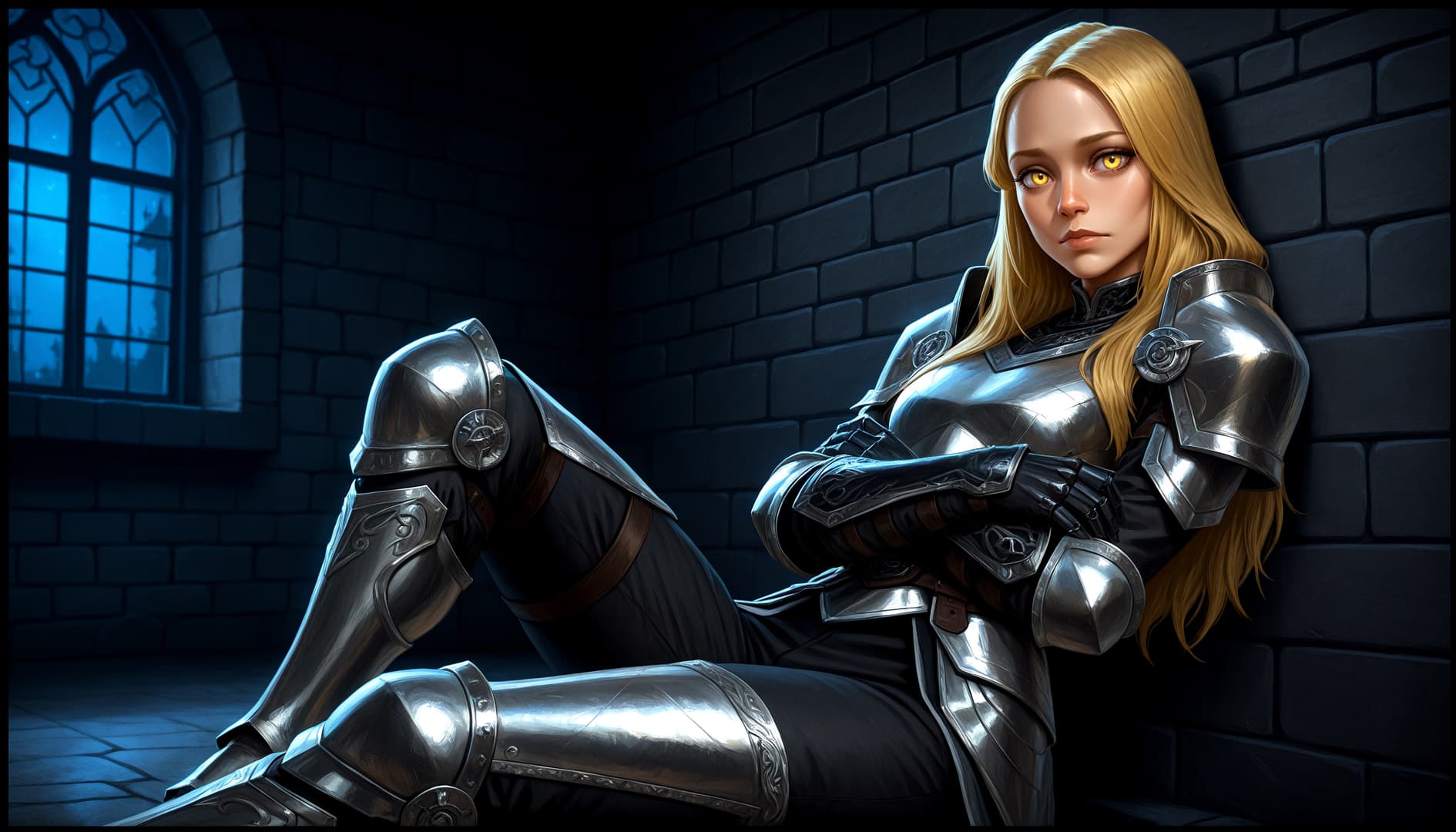 Imagen del personaje - sitting in stone dungeon, leaning against wall, wearing full silver armor, arms crossed, long blonde