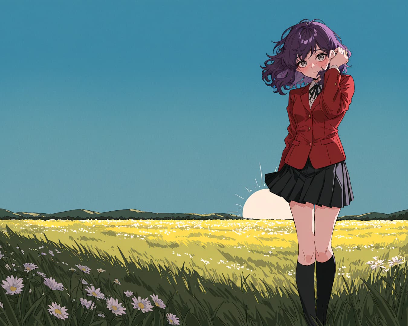 รูปภาพตัวละคร - shy expression in field, wearing school uniform, standing with hand near face, sunset in background,