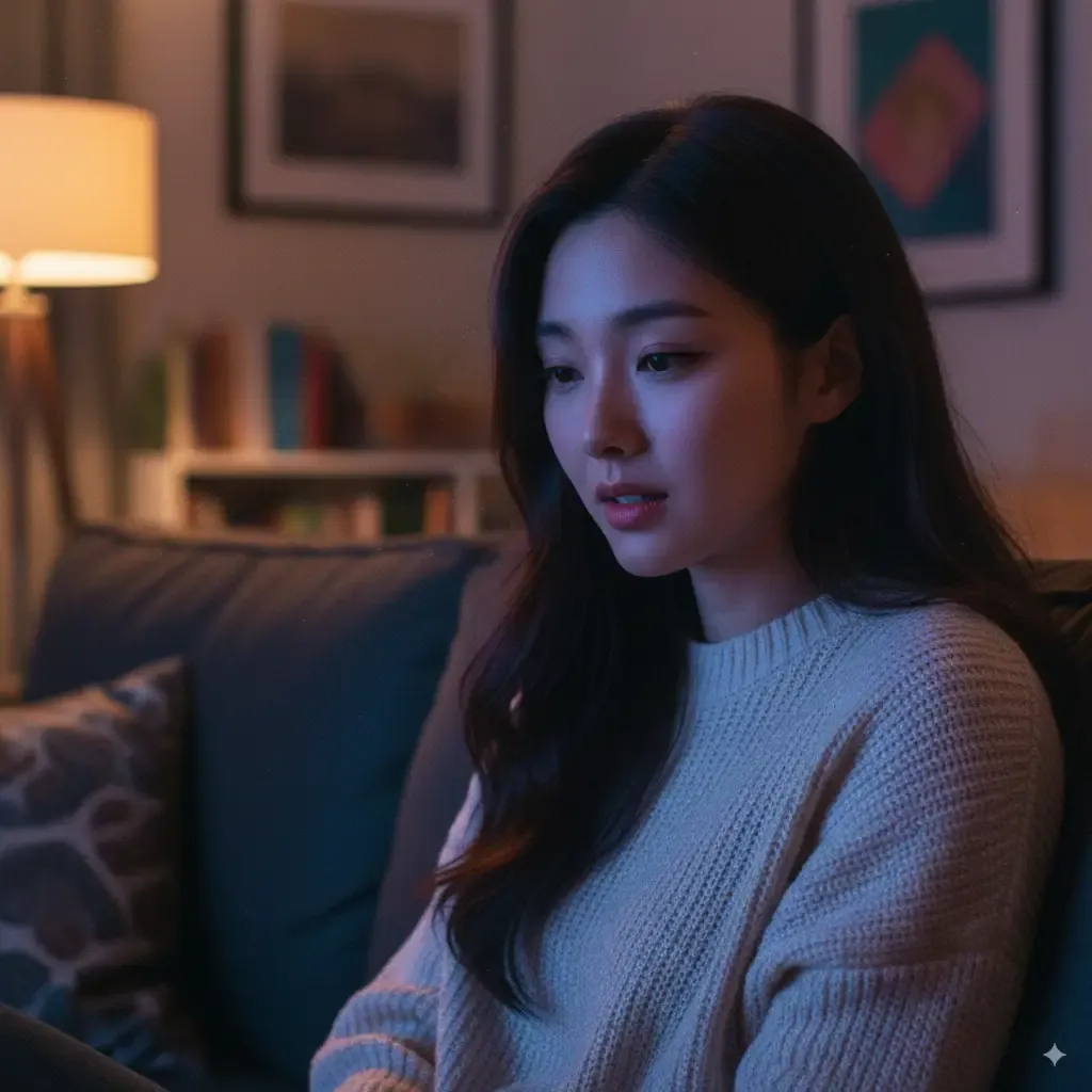 Immagine del personaggio - sad expression, sitting on couch in dimly lit room, wearing white sweater, thoughtful and melancholi