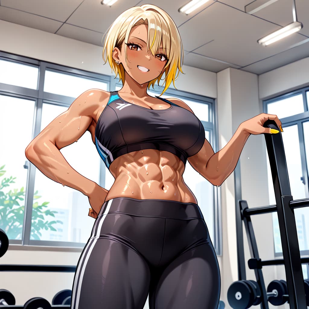 รูปภาพตัวละคร - in gym, sweating, muscular woman in sports bra and leggings, hands on hips, smiling confidently, wet