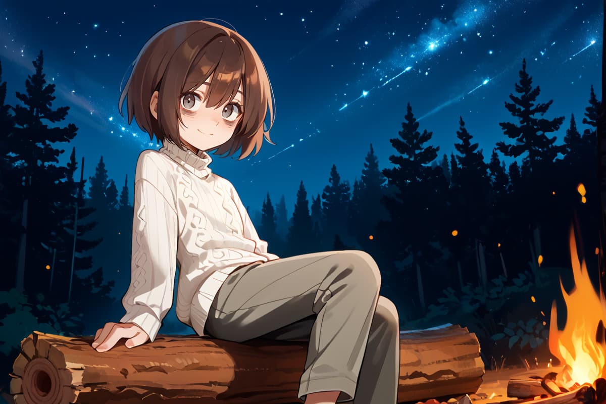รูปภาพตัวละคร - sitting on log by campfire, smiling gently, wearing white sweater and pants, in forest at night unde