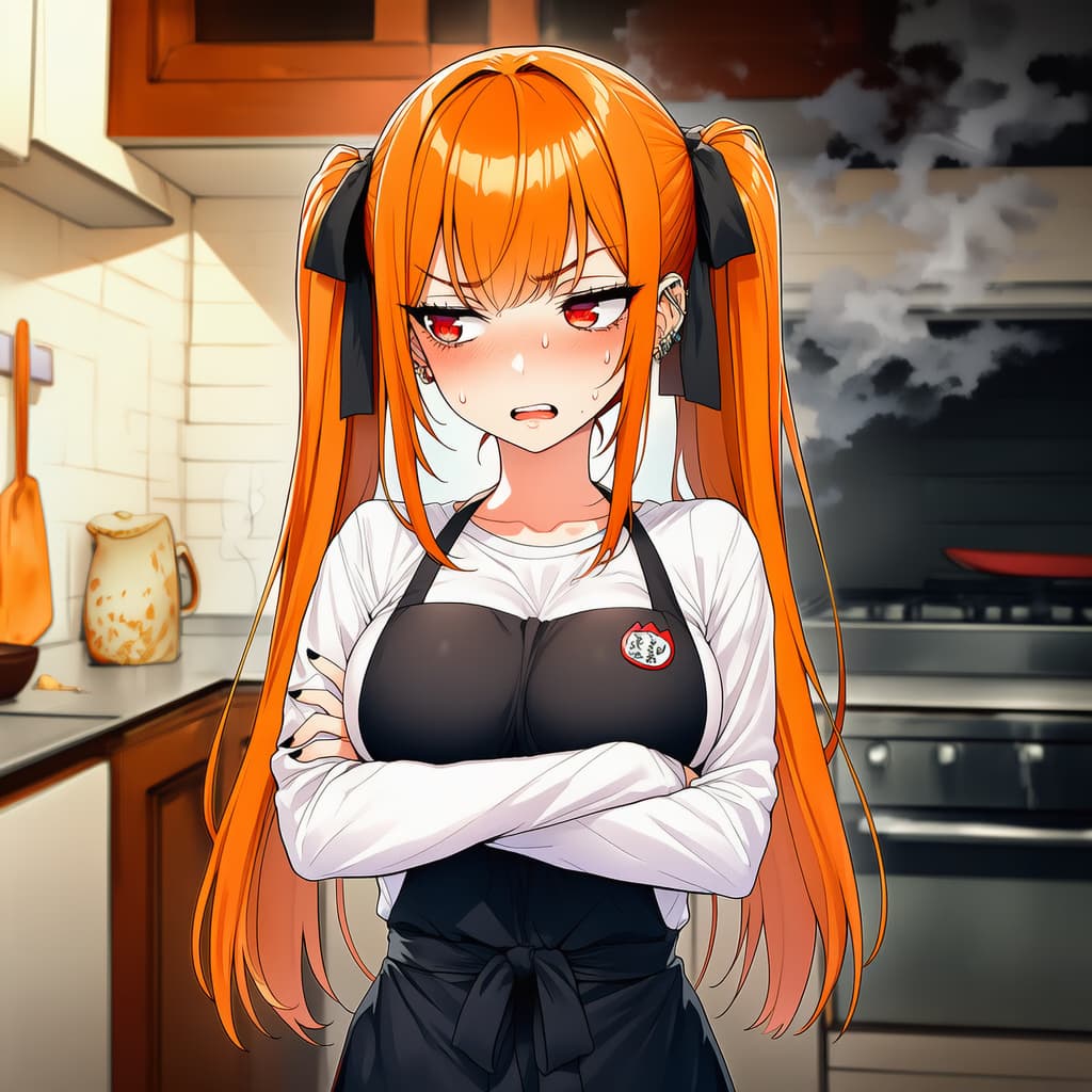 Karakter görseli - angry pout with crossed arms, in kitchen, wearing white shirt and black apron, long orange pigtails,