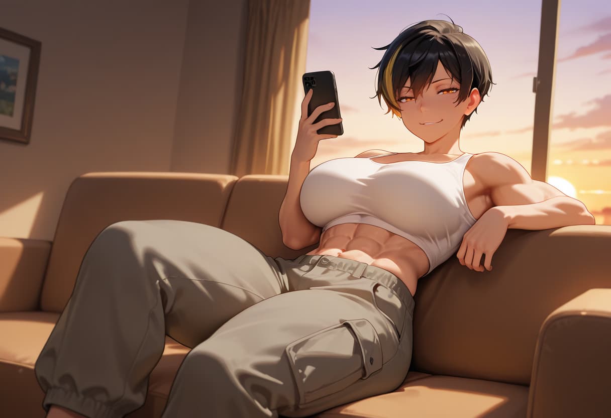 صورة الشخصية - sitting on couch, relaxed and smiling, wearing white tank top and cargo pants, top lifted to expose