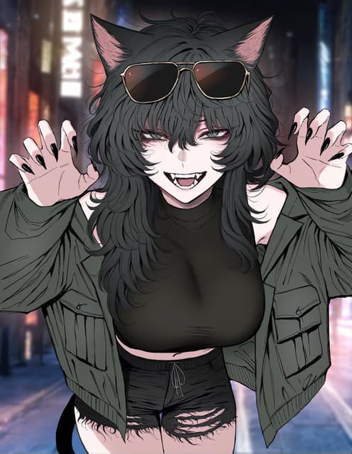 Immagine del personaggio - cat-eared woman in dark city at night, wearing sunglasses, open jacket revealing black crop top and