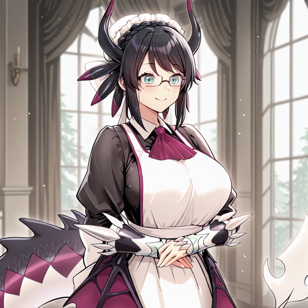 Character image - happy expression, standing in elegant room with large windows, wearing maid outfit with black and pu