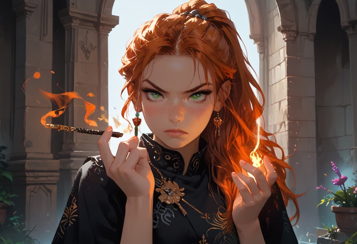 Imagen del personaje - angry expression, holding a burning wand, fire in hand, dark clothing, ornate setting, intense and p