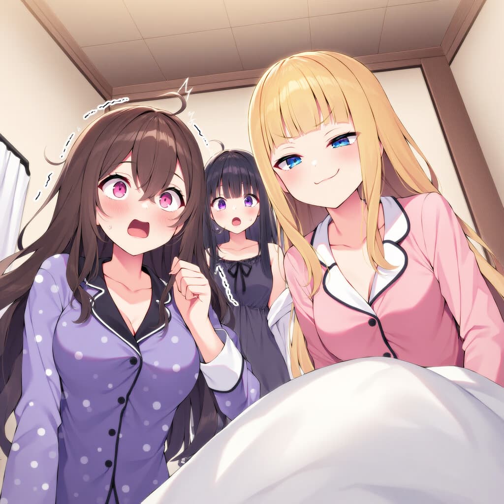 صورة الشخصية - Three anime girls in pajamas in a bedroom, one with brown hair looking shocked with wide eyes, one w