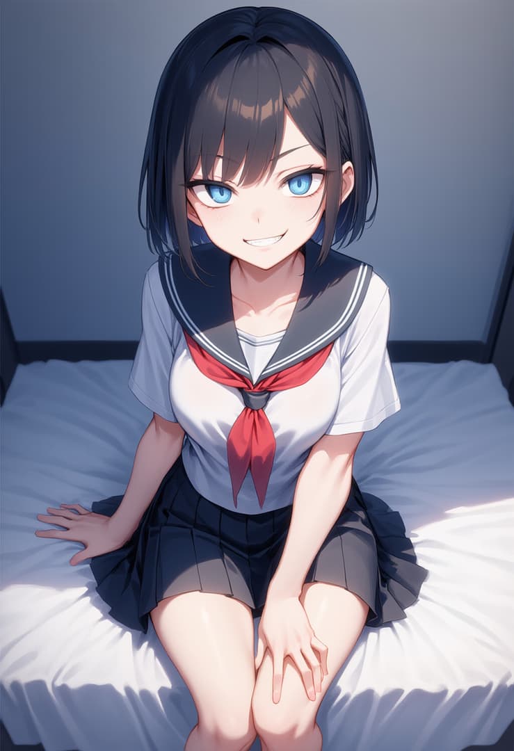 Imagem do personagem - sitting on bed, wearing school uniform, legs slightly spread, smiling seductively, blue eyes, short