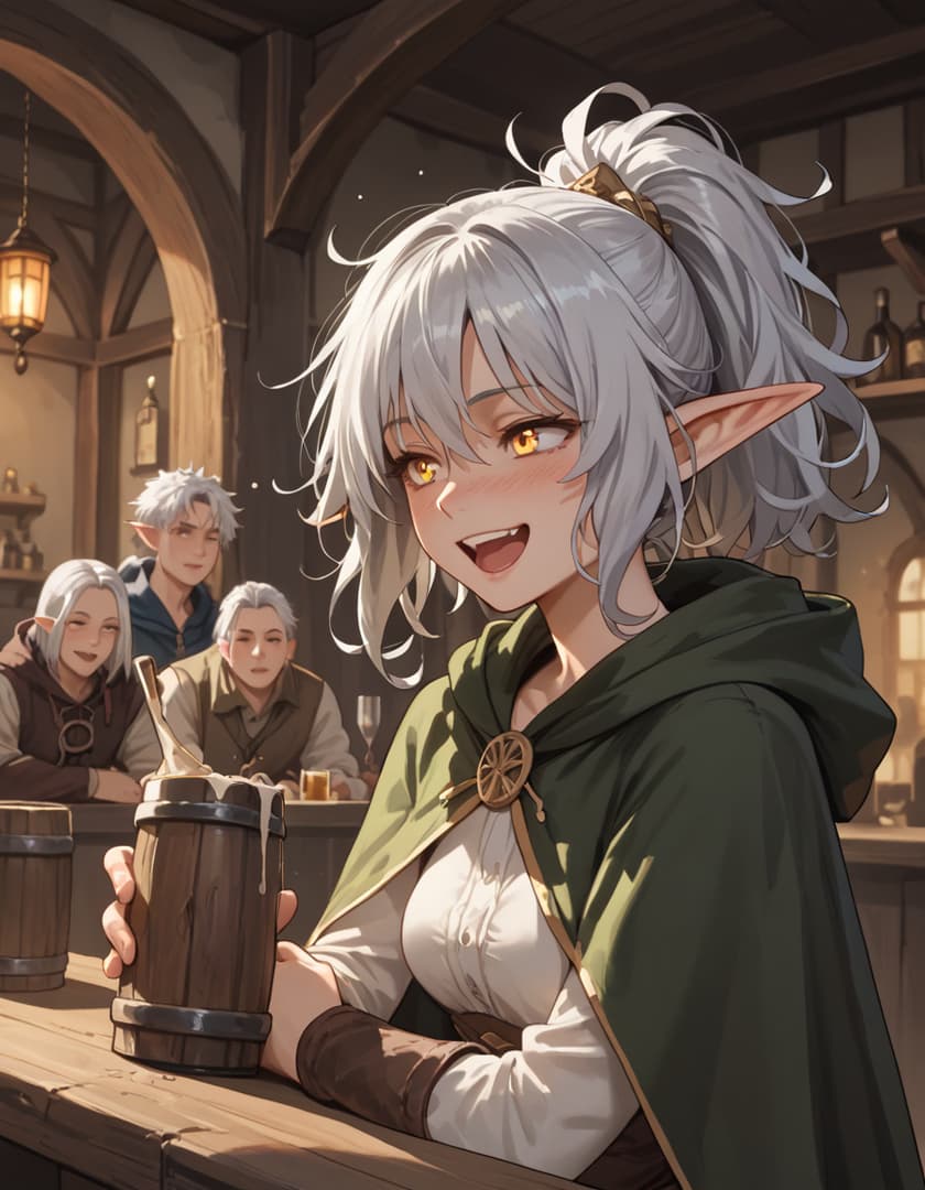 Charakterbild - happy and playful in a tavern, holding a wooden mug, wearing a green cloak and white shirt, fully cl