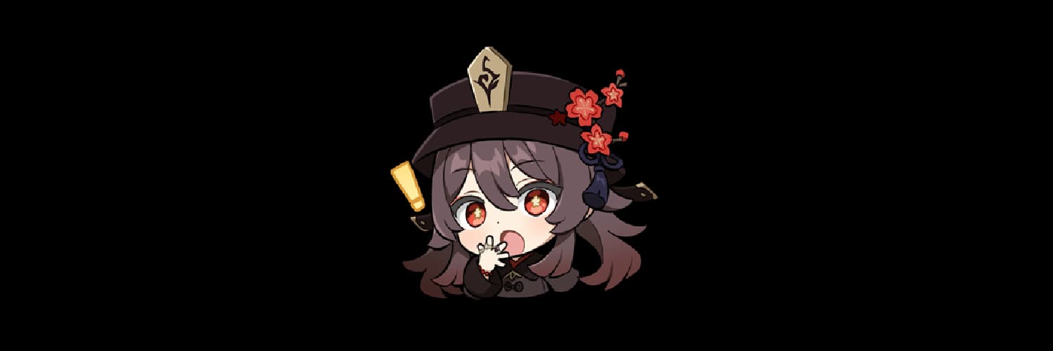 Charakterbild - chibi character with wide red eyes and open mouth, hand covering mouth in surprise, wearing dark hat