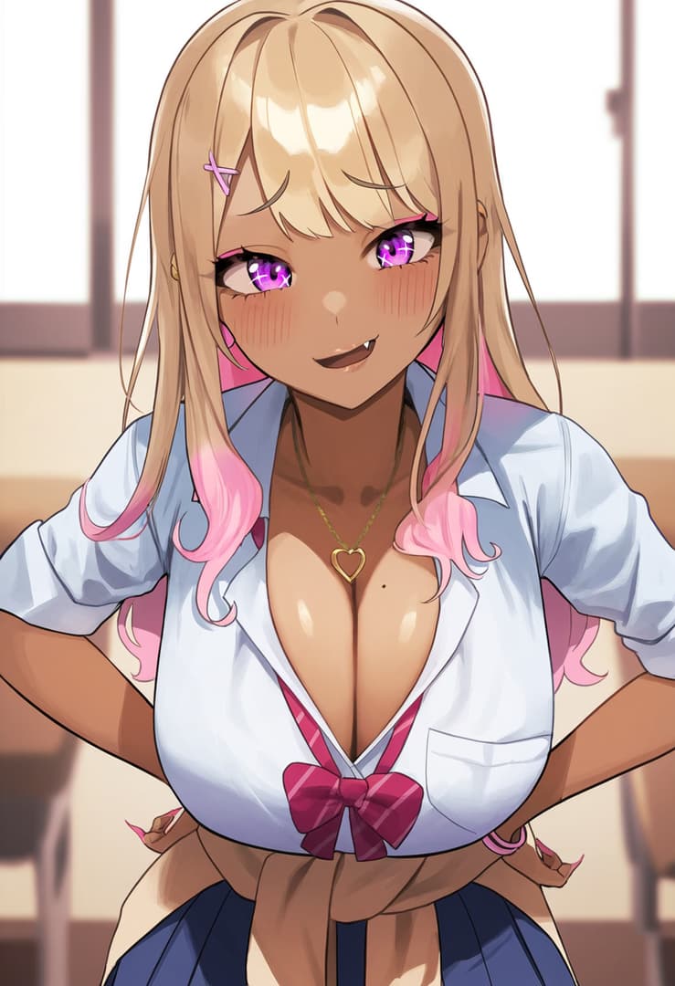 Charakterbild - Seductive expression, hands on hips, standing in classroom, school uniform top unbuttoned exposing l
