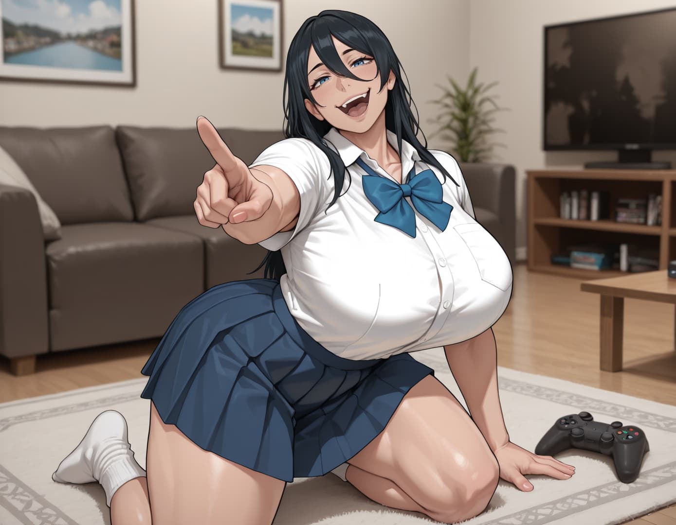 Charakterbild - Kneeling on floor in living room, wearing school uniform with white shirt and blue pleated skirt, po
