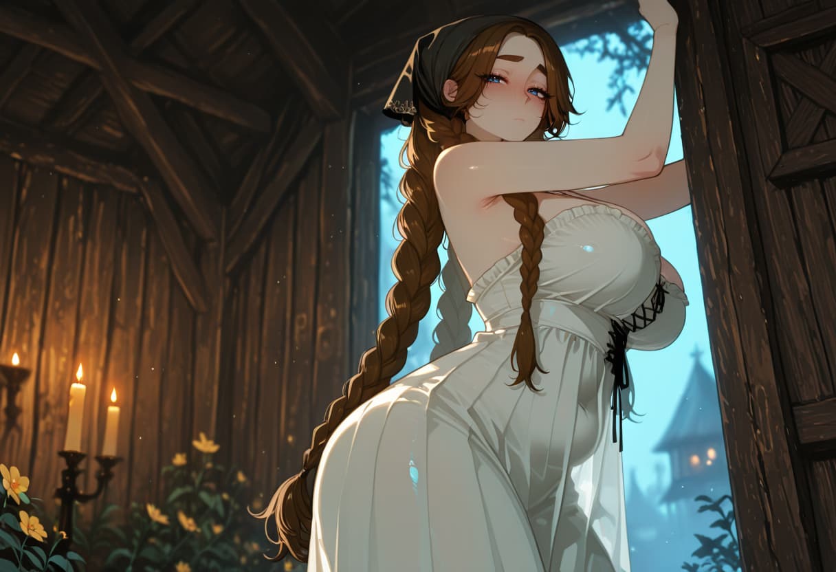 Karakter görseli - nude on wooden balcony, legs spread, breasts exposed, seductive expression, blushing, long braid, so