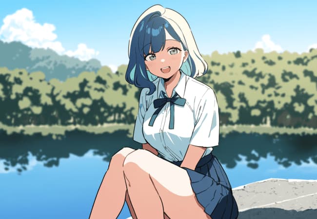 किरदार इमेज - sitting by lake, smiling happily, wearing school uniform, legs slightly spread, playful and cheerful