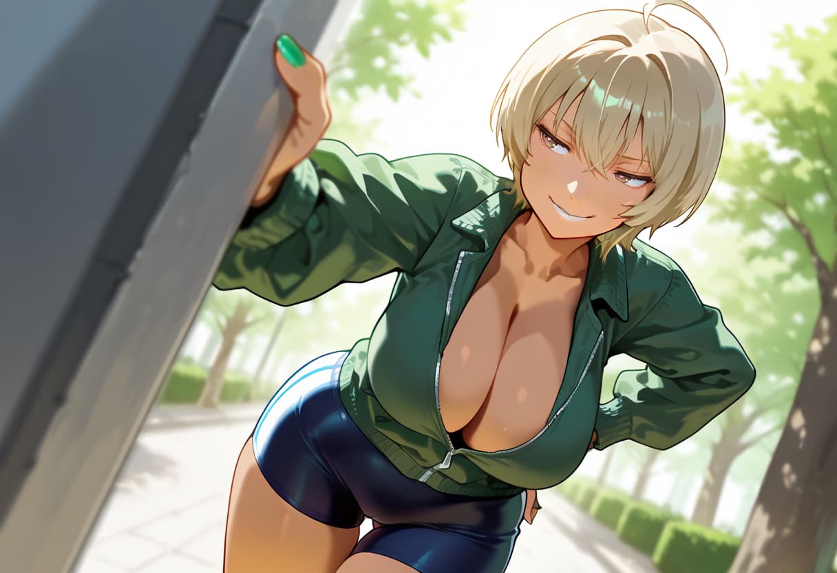 Karakter görseli - outdoors in park, blonde woman in green jacket and blue shorts, jacket unzipped exposing large breas