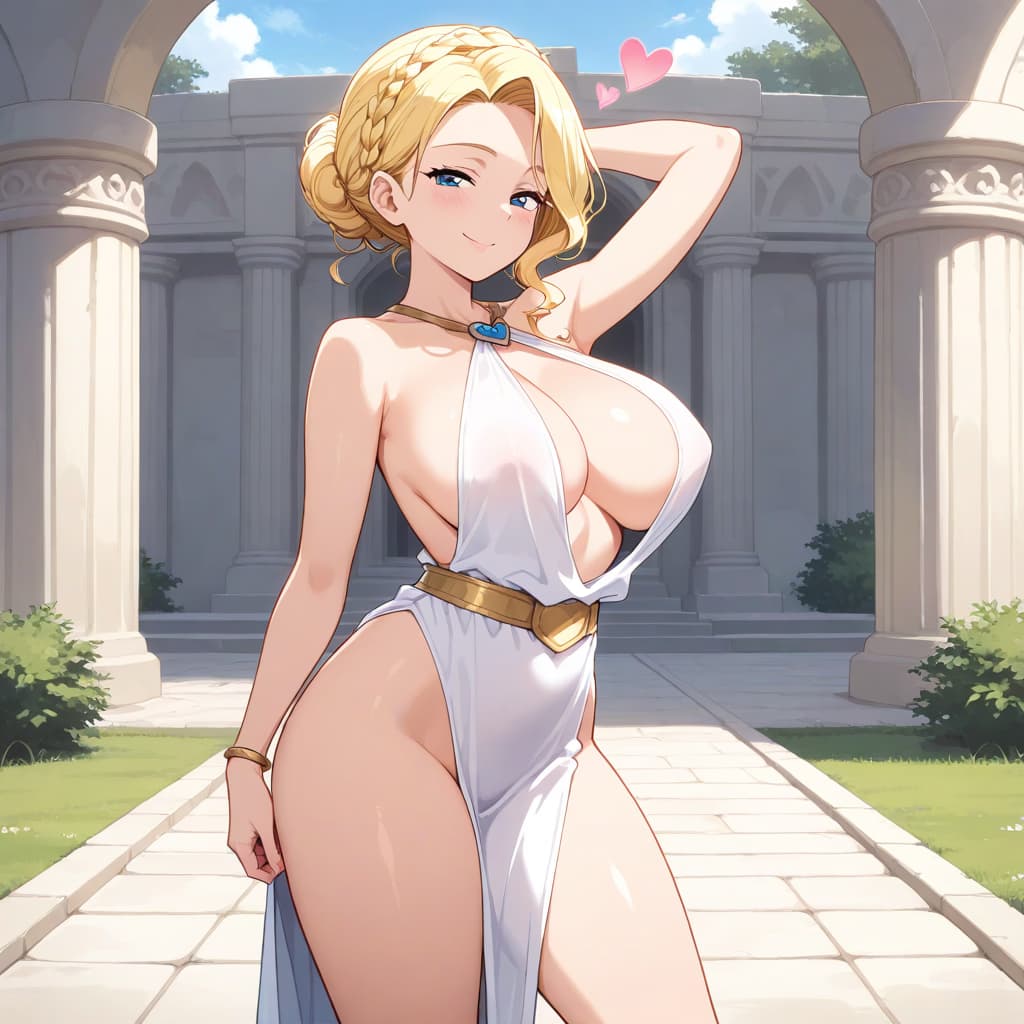 صورة الشخصية - nude in white toga, legs spread, seductive expression, standing in ancient courtyard, breasts and ge