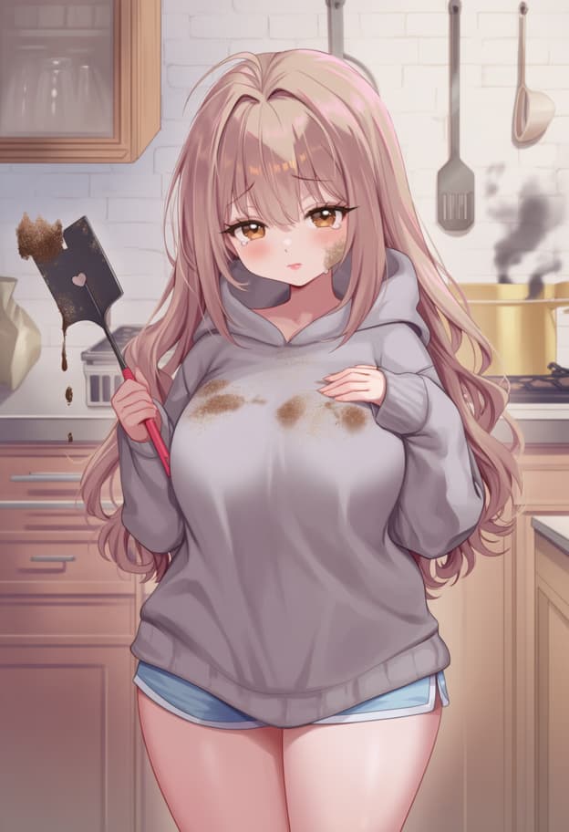 Karakter görseli - in kitchen, holding spatula with food residue, messy hoodie with brown stains, blush, shy expression