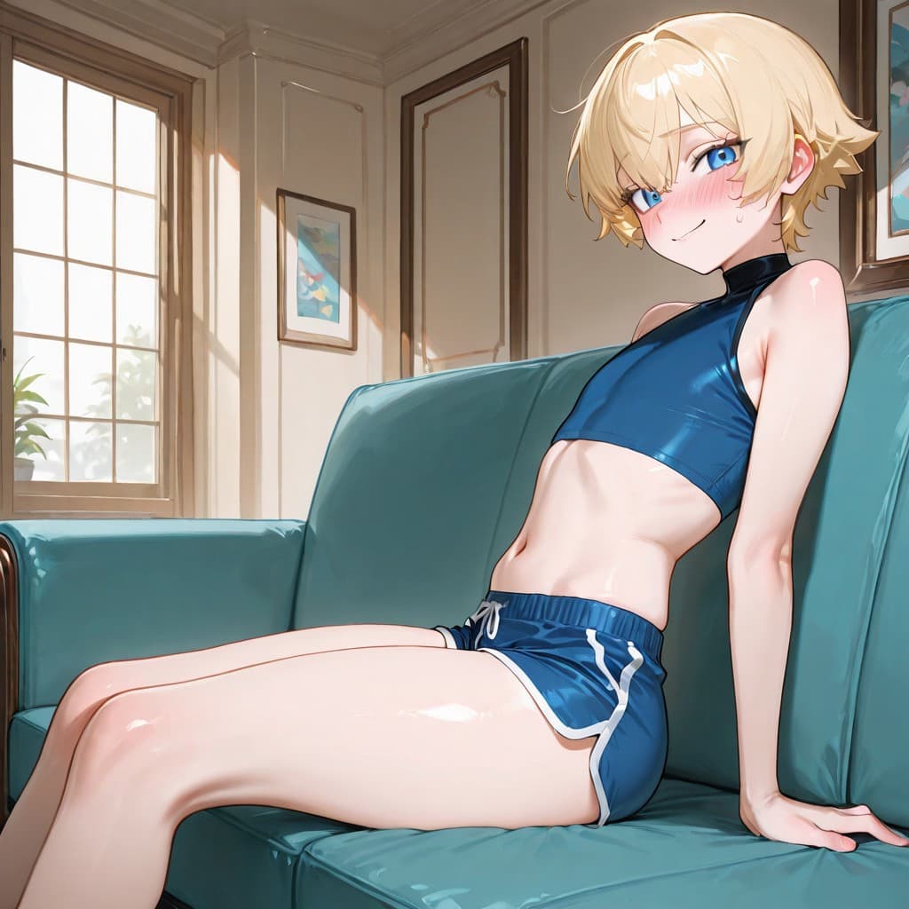 Immagine del personaggio - sitting on couch, legs spread, wearing blue crop top and shorts, blushing with seductive expression,