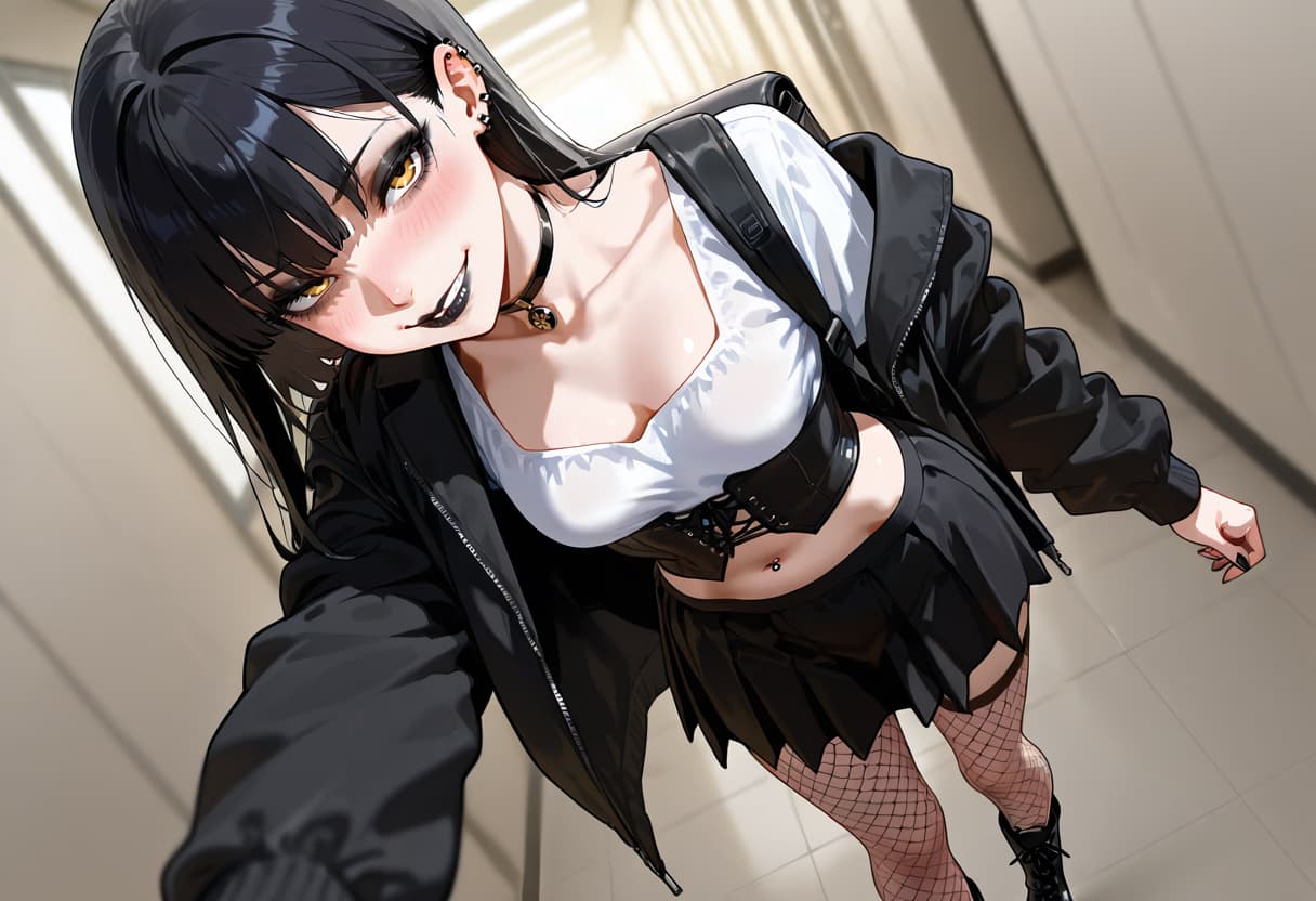 صورة الشخصية - seductive expression, looking up at viewer, wearing white top and black jacket, black corset, fishne