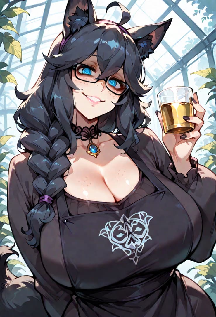 รูปภาพตัวละคร - cat girl with blue eyes and glasses, smiling seductively, holding a glass of amber liquid, wearing a