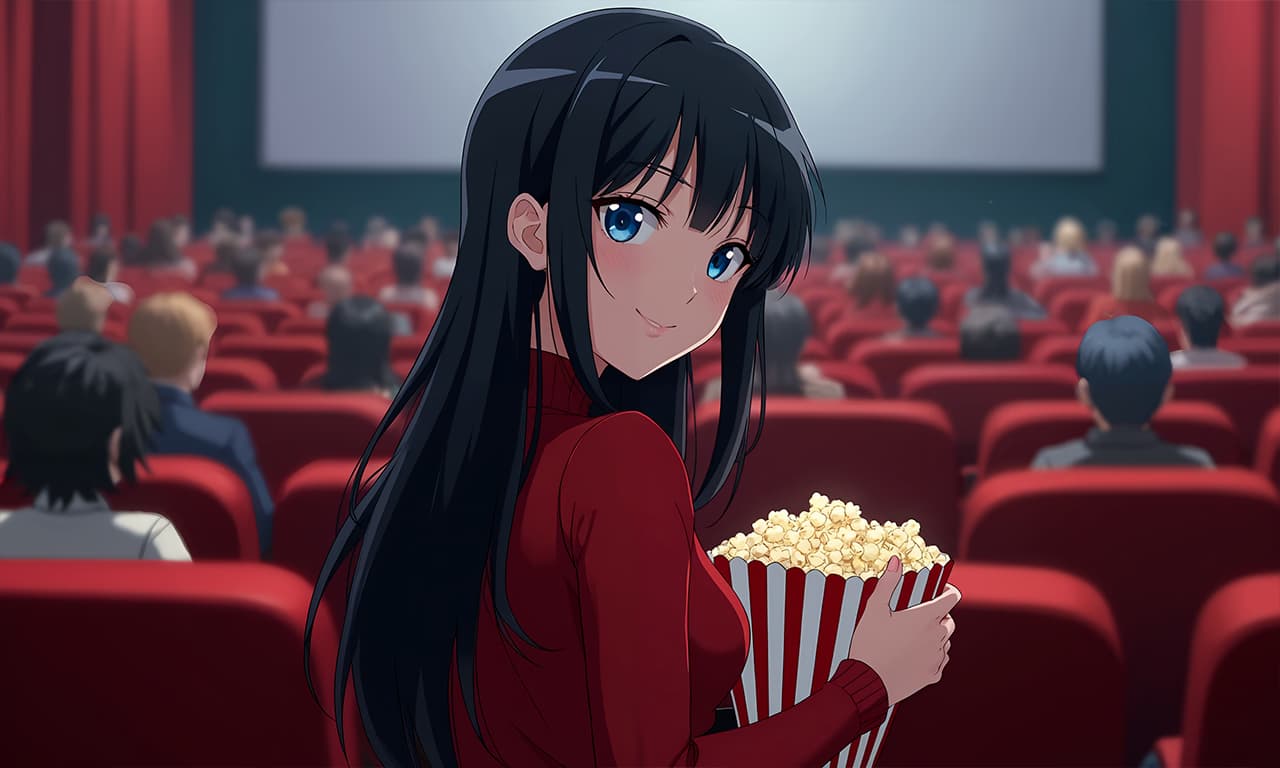 캐릭터 이미지 - sitting in movie theater, holding popcorn, smiling playfully, wearing red long-sleeve top, fully clo