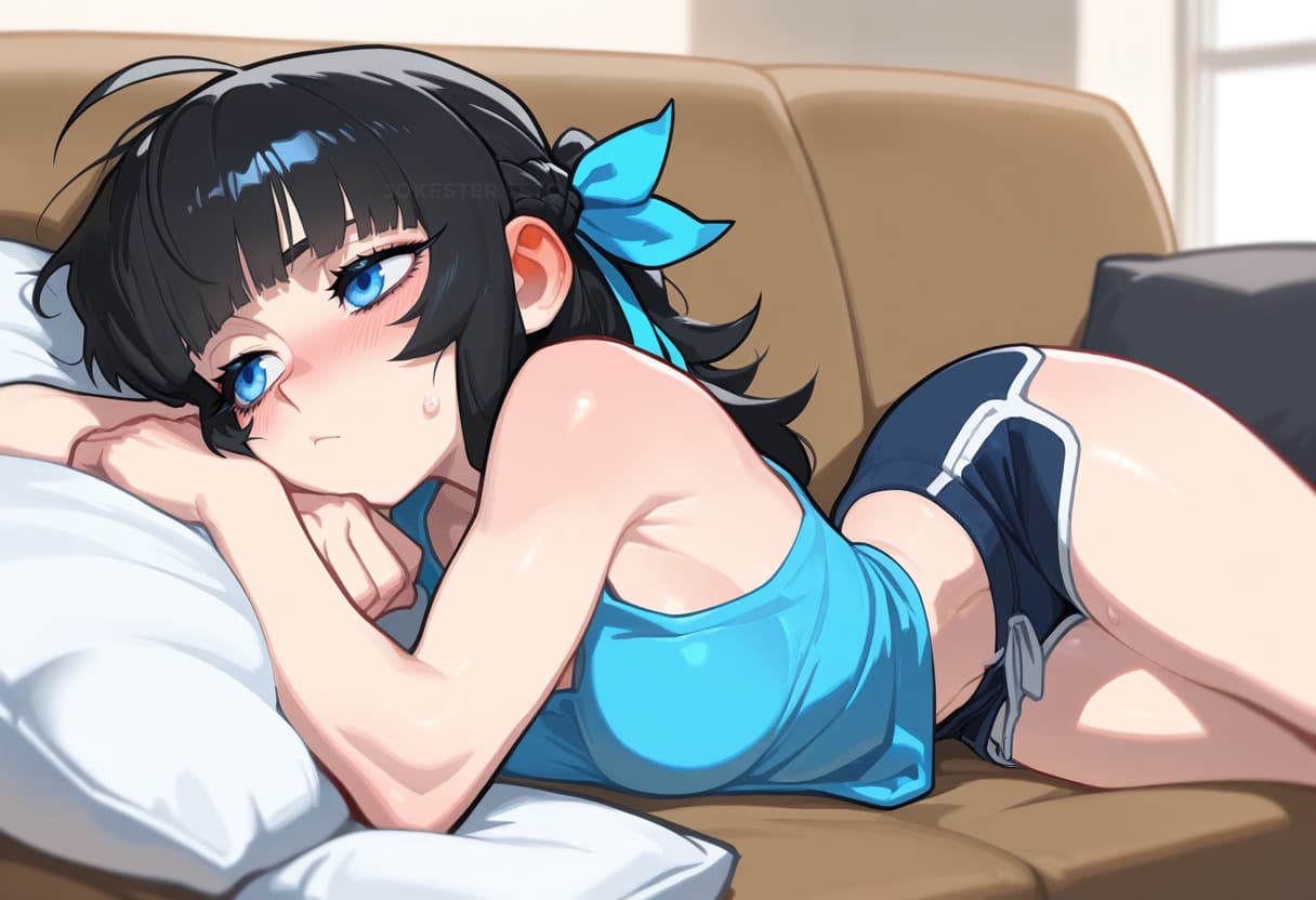 Karakter görseli - lying on bed, topless, wearing blue underwear, legs spread, blushing, seductive expression, sweat on