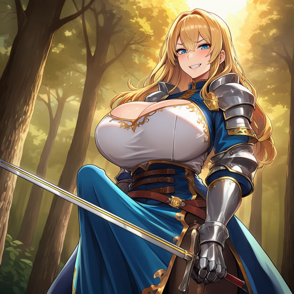 Immagine del personaggio - Blonde woman in armor, smiling confidently in forest, holding sword, breasts exposed, playful and se