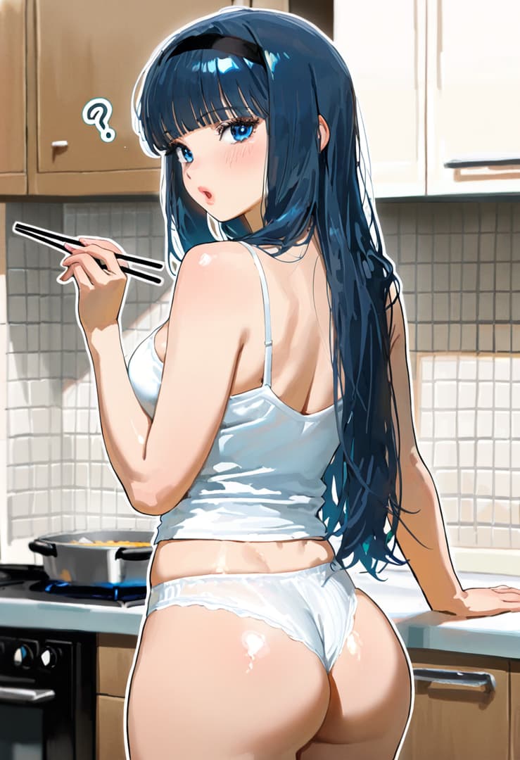 Immagine del personaggio - in kitchen, wearing white bra and underwear, holding chopsticks, looking back over shoulder with cur