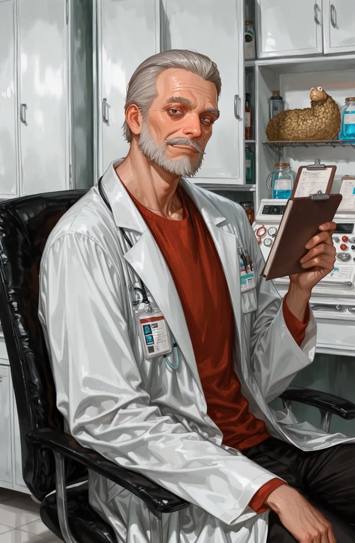Karakter görseli - Sitting in a lab chair, wearing a white lab coat over a red shirt, holding a clipboard, with a smug,