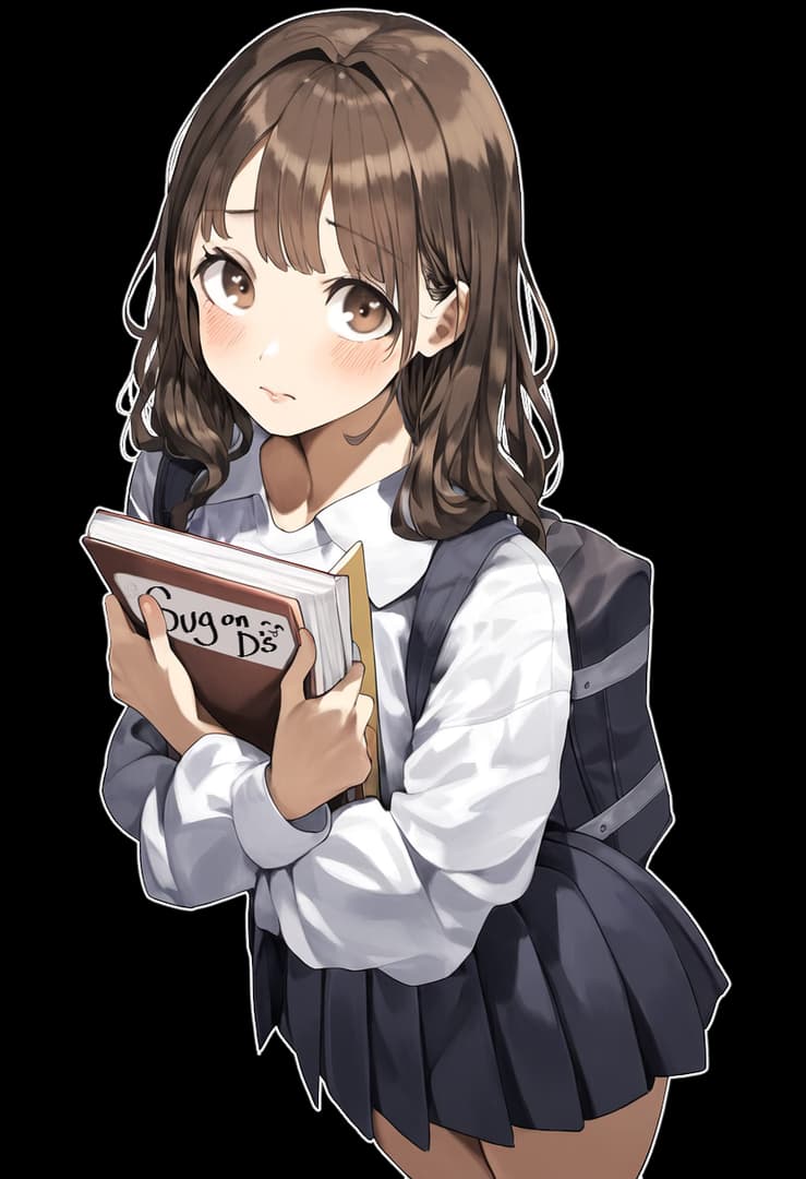 صورة الشخصية - shy expression, holding books, wearing school uniform, standing, fully clothed, innocent and studiou