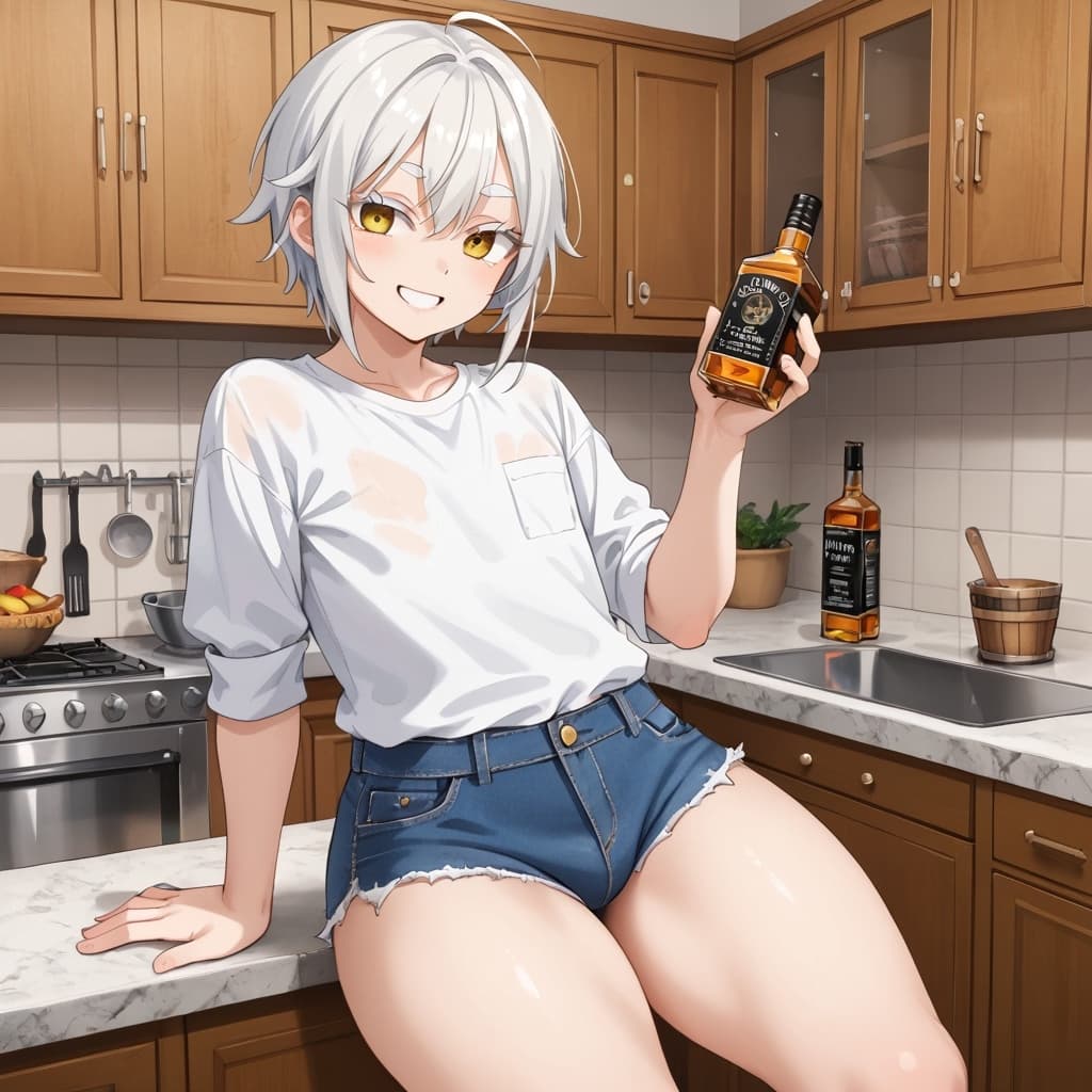 Immagine del personaggio - sitting on kitchen counter, legs spread, holding whiskey bottle, smiling seductively, wearing white