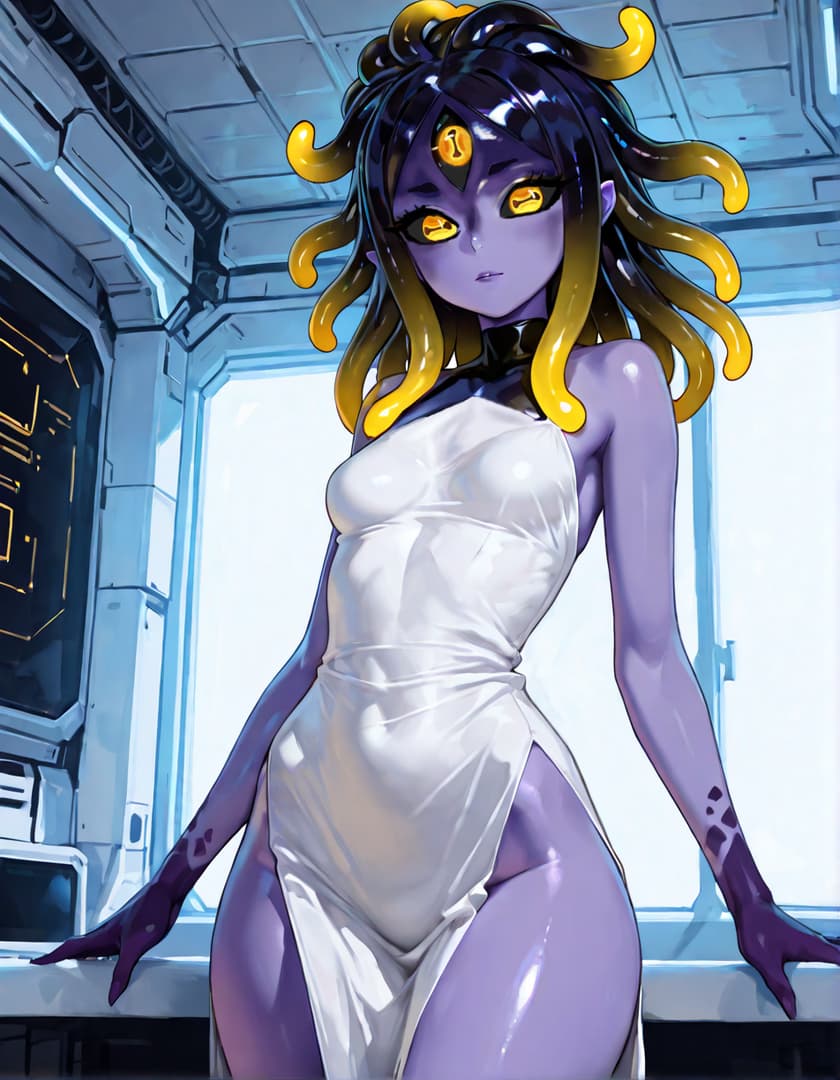 Imagen del personaje - nude, standing in a futuristic room, legs slightly spread, seductive expression, purple skin, yellow